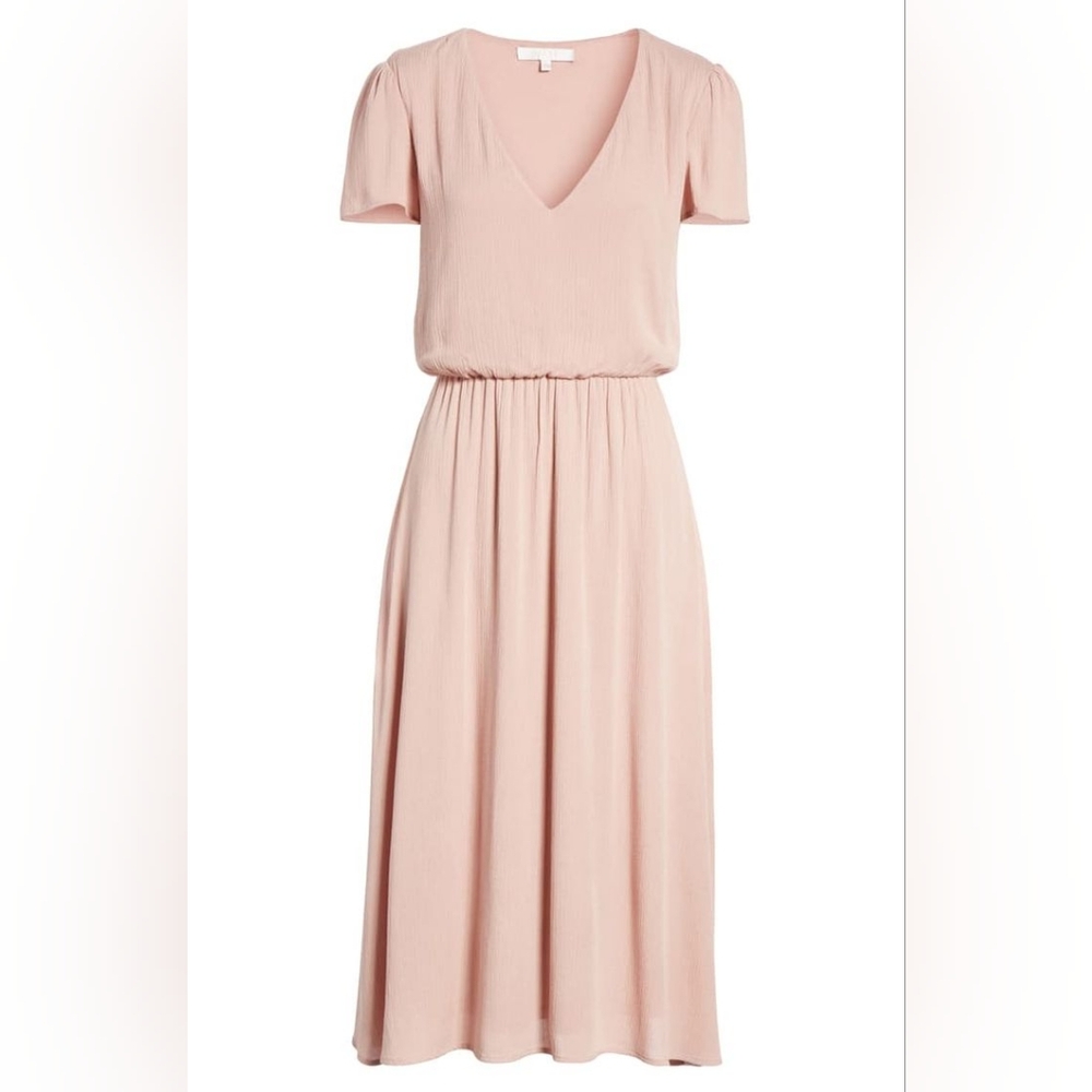 WAYF Blouson Short Sleeve V-Neck Midi Dress Dusty Rose Pink Fully Lined S?